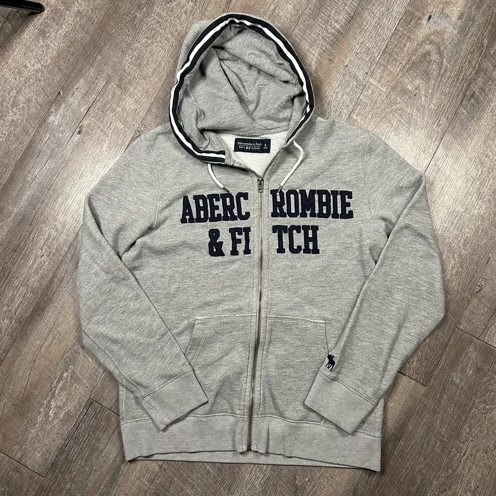 VTG Y2K Abercrombie Fitch Hoodie Mens S gray Faded Distressed Zip Up Spellout